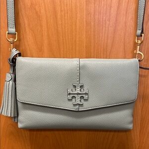 Tory Burch Light Gray Pebbled Leather Crossbody with Tassel